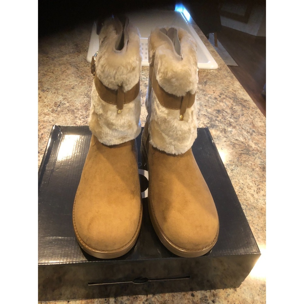 G By GUESS Aussie Women's 9.5M Tan Faux Fur/Suede Round Toe 8" Tall Boots - New!